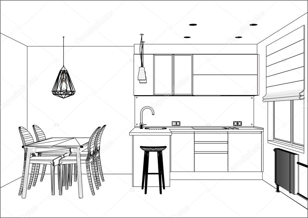 Dibujo Cocina Con Adornos Electrodomésticos También Hay Una Mesa Cocina