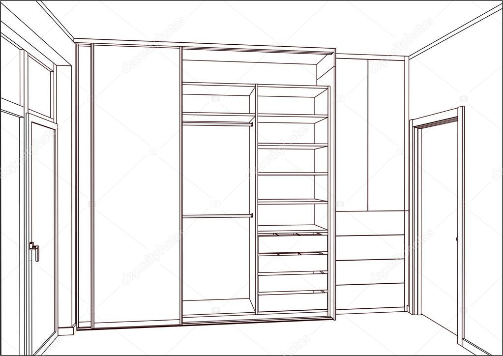 3D vector sketch. Empty wardrobe with sliding doors in the interior. 