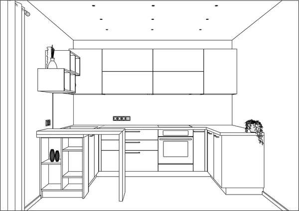 Bosquejo vectorial 3D. Diseño moderno de la cocina en el interior del hogar . — Vector de stock