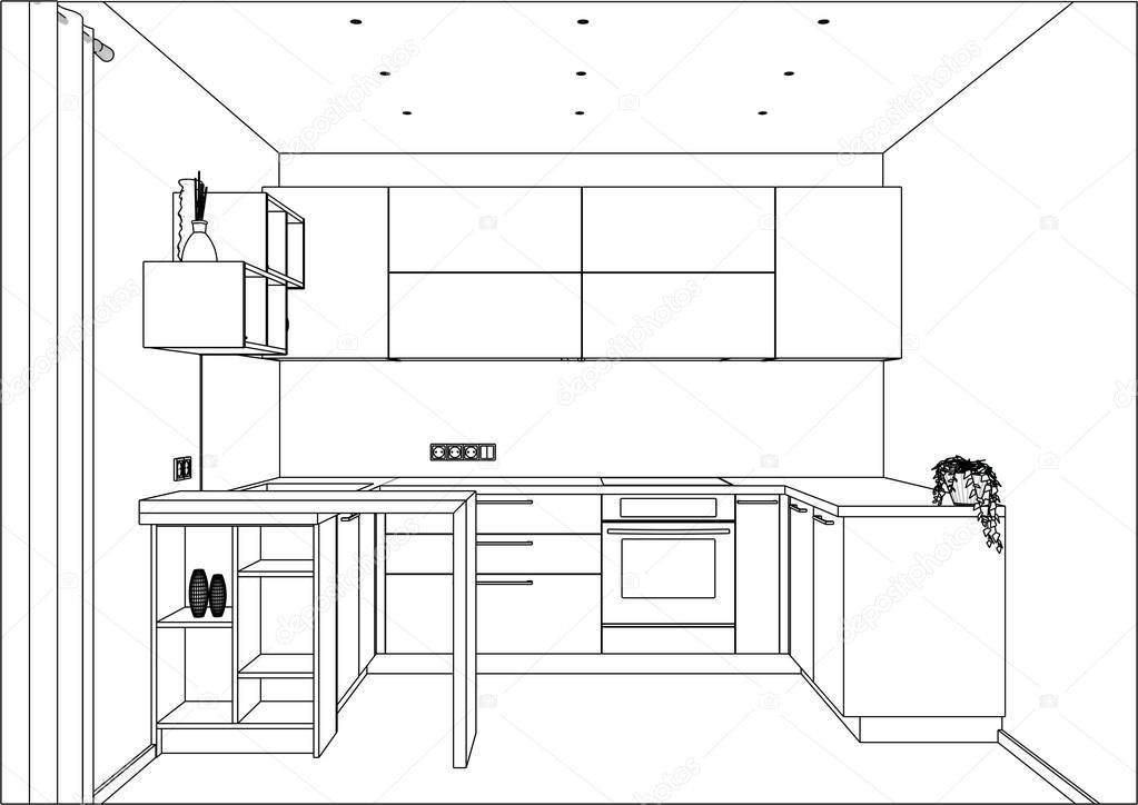 Dibujos: cocinas en 3d | dibujo de vector 3D. Cocina de moderno diseño