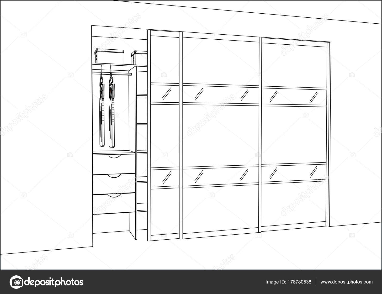 3D vector sketch. Wardrobe with sliding doors in the interior. — Stock