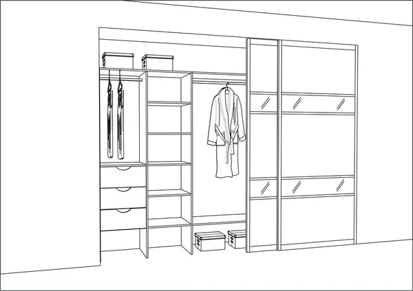 3D-Vektorskizze. Garderobe mit Schiebetüren im Innenraum. — Stockvektor