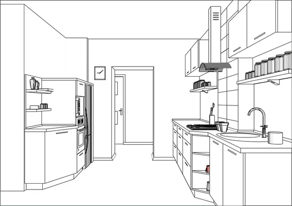 Bosquejo vectorial 3D. Diseño moderno de muebles de cocina en el interior del apartamento . — Vector de stock