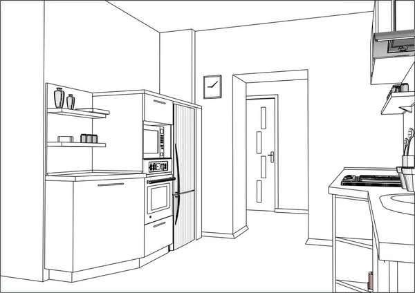 Croquis vectoriel 3D. Design moderne de meubles de cuisine dans l'intérieur de l'appartement . — Image vectorielle