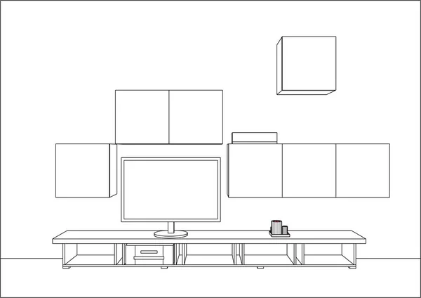 Bosquejo vectorial 3D. Soporte de TV y centro de entretenimiento con electrodomésticos y decoraciones . — Archivo Imágenes Vectoriales