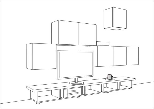 Desenho vetorial 3D. Suporte de TV e centro de entretenimento com eletrodomésticos e decorações . — Vetor de Stock