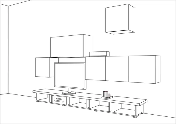 3D-vector schets. TV stand en entertainment center met toestellen en decoren. — Stockvector