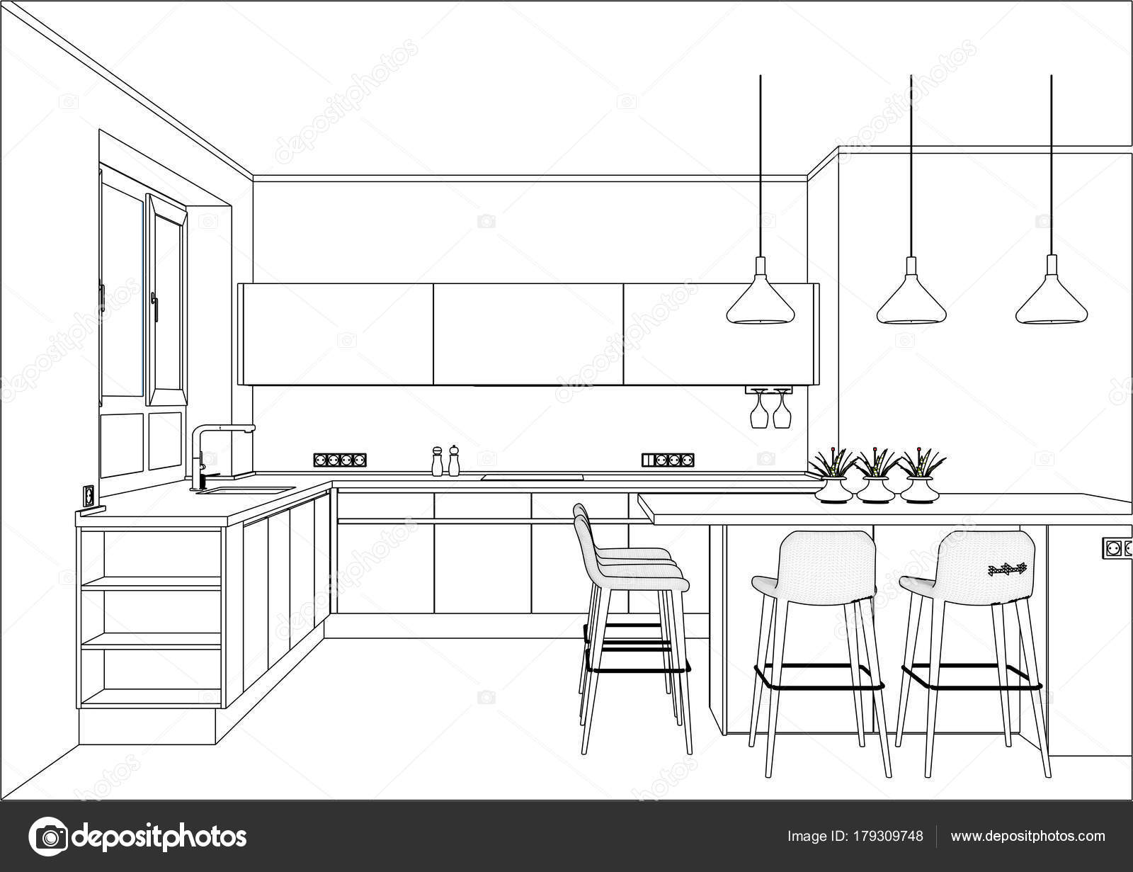 3d Vector Sketch Modern Kitchen Design In Home Interior