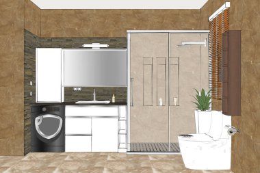 3D çizim. Bir banyo iç doğrusal taslağını. İç tasarım. Modern banyo mobilya tasarımı ile beyaz eşya ve dekorlar.