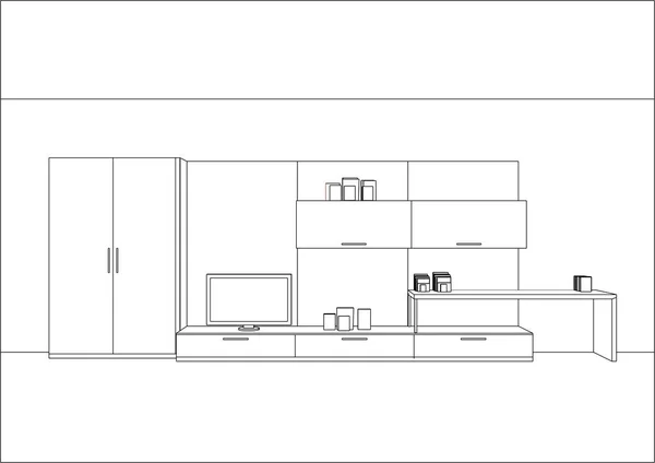 Desenho vetorial 3D. Suporte de TV e centro de entretenimento com eletrodomésticos e decorações . — Vetor de Stock