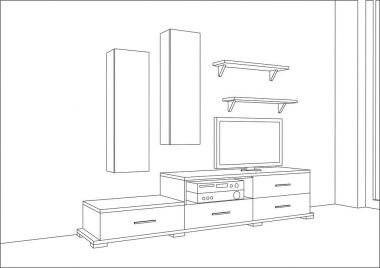 3D vektör kroki. TV standı ve eğlence merkezi aletleri ve dekorlar. 