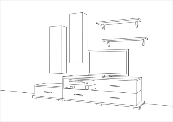 Desenho vetorial 3D. Suporte de TV e centro de entretenimento com eletrodomésticos e decorações . — Vetor de Stock