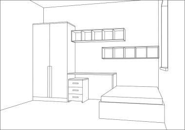 3D vektör çizim. Modern çocuk yatak odası mobilya tasarımı. 