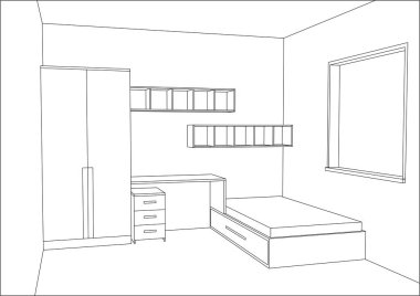 3D vektör çizim. Modern çocuk yatak odası mobilya tasarımı. 