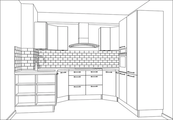 Ilustración vectorial 3D. Diseño moderno de la cocina en el interior del hogar . — Vector de stock