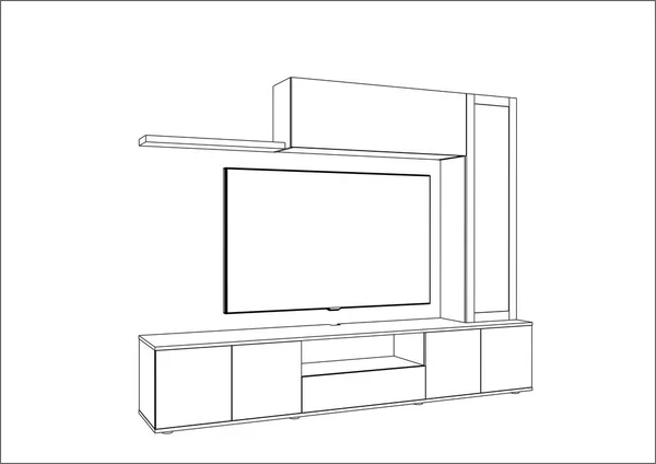 3D векторный эскиз. Телевизионный стенд и развлекательный центр с техникой и декором . — стоковый вектор
