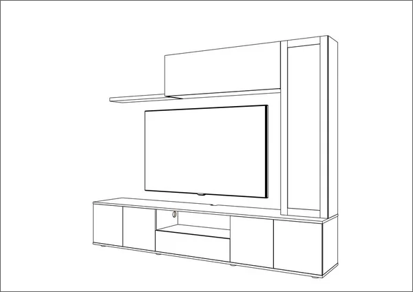 3D векторный эскиз. Телевизионный стенд и развлекательный центр с техникой и декором . — стоковый вектор