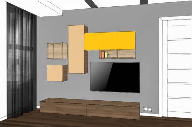 3D çizim. Beyaz eşya ve dekorlar ile TV standı ve eğlence merkezi. Modern oturma odası iç. Modern yaratıcı Tv Mobilya. 