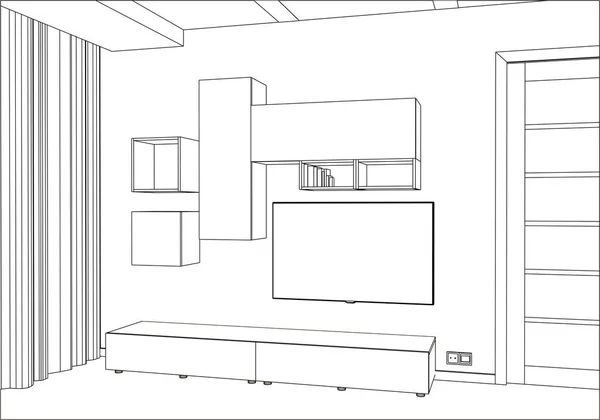 3D vektör çizim. TV standı ve eğlence merkezi aletleri ve dekorlar. — Stok Vektör