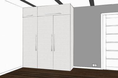 3D render. Gardrop iç. Modern fonksiyonel dolap süsleri ve araçlarla. Ev ofis tablo ile. Tuvalette gizli tablo.