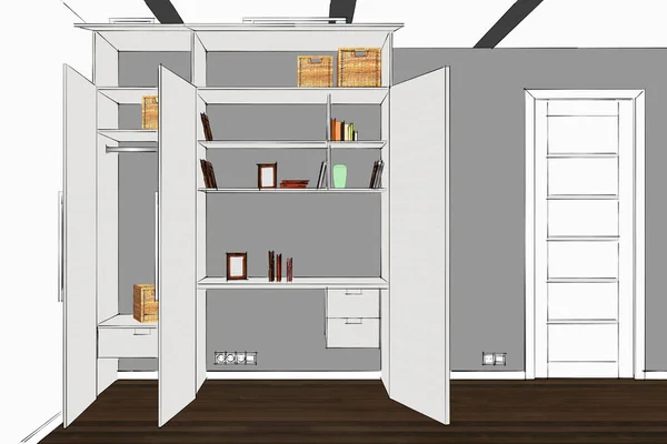 3D rendering. Wardrobe in the interior. Modern functional wardrobe with decorations and appliances. Home office with table. Table hidden in the closet.