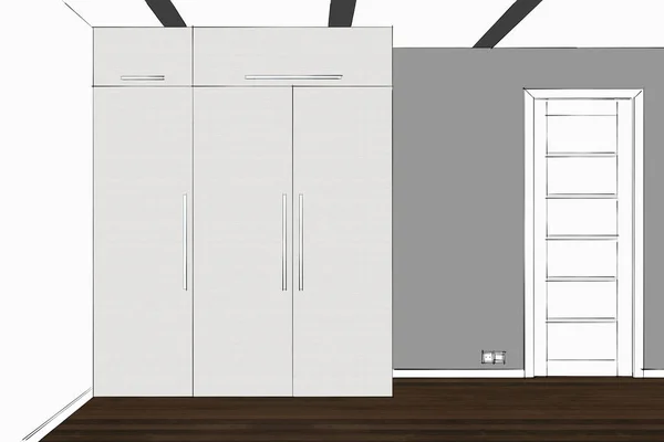 3D rendering. Wardrobe in the interior. Modern functional wardrobe with decorations and appliances. Home office with table. Table hidden in the closet.