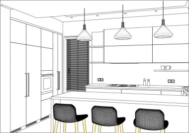 3D vektör çizim. Ev iç modern mutfak tasarımı. 