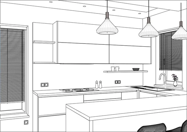 Ilustración vectorial 3D. Diseño moderno de la cocina en el interior del hogar . — Vector de stock