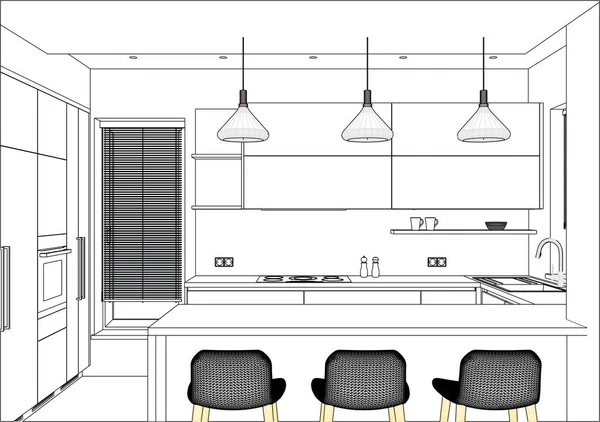 Ilustración vectorial 3D. Diseño moderno de la cocina en el interior del hogar . — Vector de stock