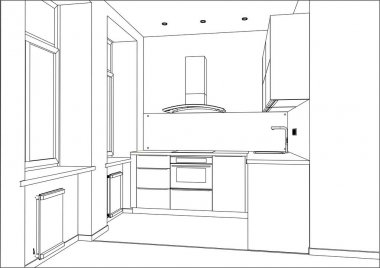 3D vektör çizim. Ev iç modern mutfak tasarımı. 