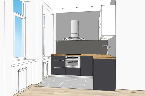 Darstellung Modernes Küchendesign Inneren Der Wohnung Küchenskizze Mit Dekorationen Und — Stockfoto