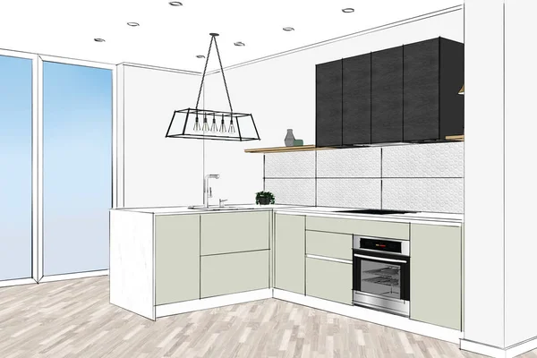 3D rendering. Modern kitchen design in light interior with stone accents. Kitchen peninsula in the room. Light Fixture for Lights in Black Metal Frame Shade with Clear Panel Glass. Copper Wire Light.