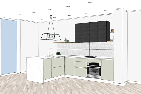 3D rendering. Modern kitchen design in light interior with stone accents. Kitchen peninsula in the room. Light Fixture for Lights in Black Metal Frame Shade with Clear Panel Glass. Copper Wire Light.