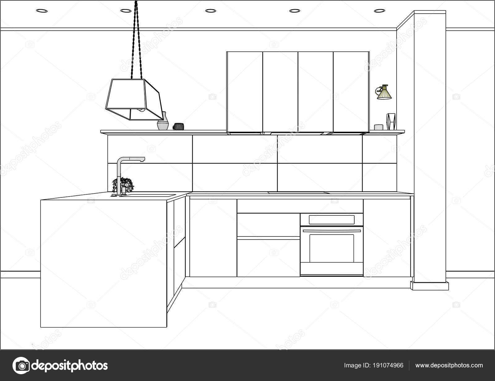 3D vector sketch. Modern kitchen design in home interior. Stock Vector