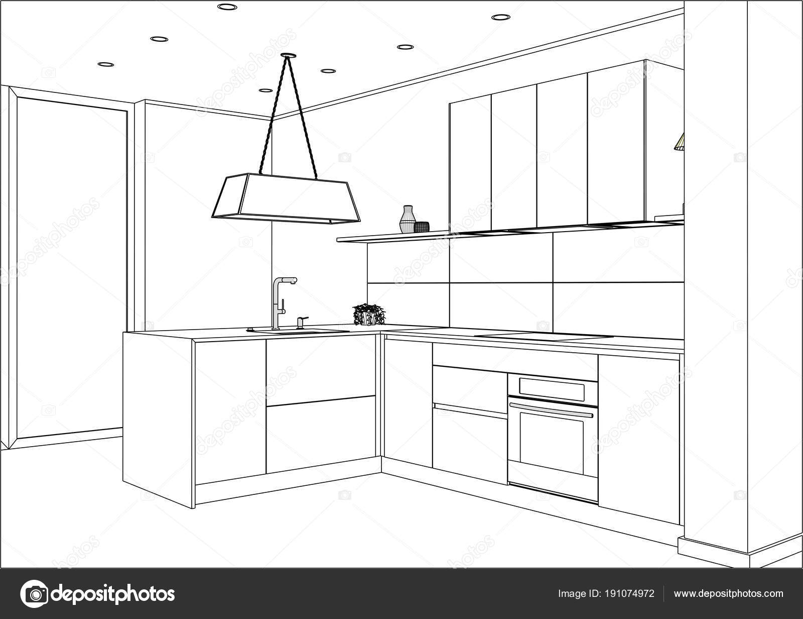 3D vector sketch. Modern kitchen design in home interior. — Stock