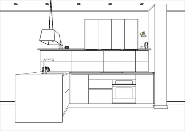 3D vektor-skiss. Modern köksdesign i Heminredning. — Stock vektor