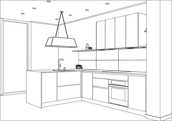 3D vector sketch. Modern kitchen design in home interior. — Stock Vector