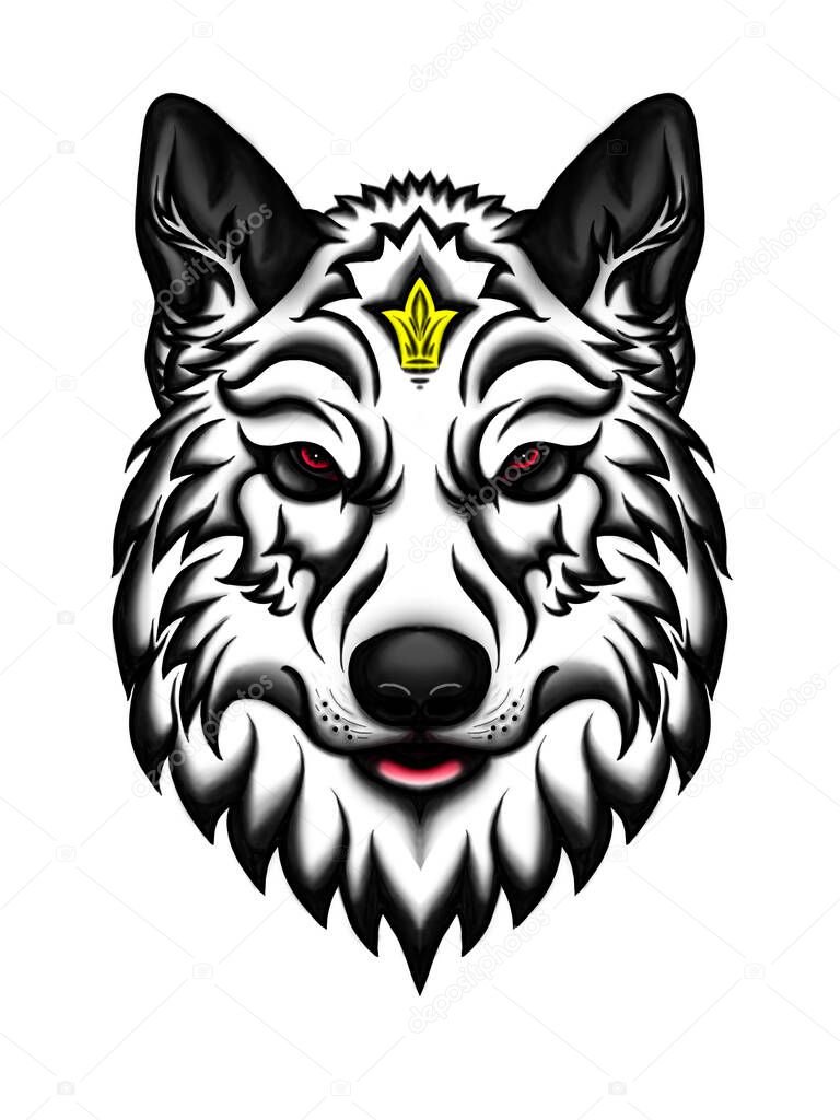 The logo Dog  or wolf  for tattoo or T-shirt design or outwear.  Cute print style dog  or wolf  background. This drawing would be nice to make on the black fabric or canvas. Size 30x40 sm and 350 px