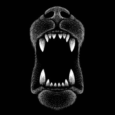 Kızgın köpek çenelerinin vektör çizimi, siyah arkaplanda el çizimi çizimi