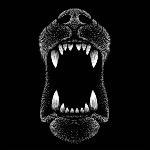 Vector Illustration Angry Dog Jaws Hand Draw Sketch Black Background — Stock Vector