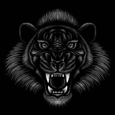 Hırlayan kaplanın vektör çizimi, el çizimi siyah arkaplan üzerine