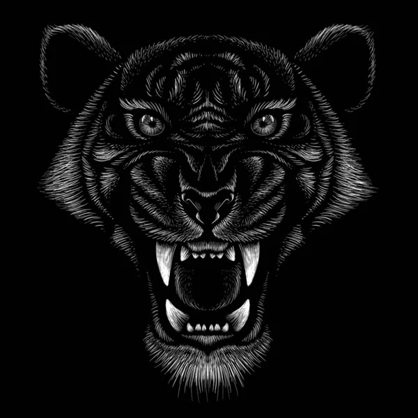 Векторна Ілюстрація Сердитого Тигра Малюнок Руки Чорному Фоні — стоковий вектор