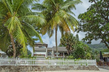 Çok güzel bir ev yeşil avuç içi ve beyaz bir çit, Victoria, Seyşel Adaları arasında