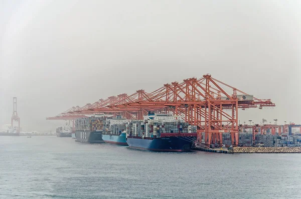Nagy Konténerszállító Hajók Sok Betöltése Rakományt Nagy Port Salalah Omán — Stock Fotó