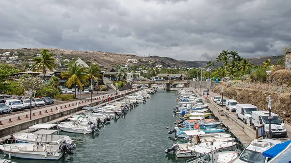 A channel with the yachts in the Reunion island