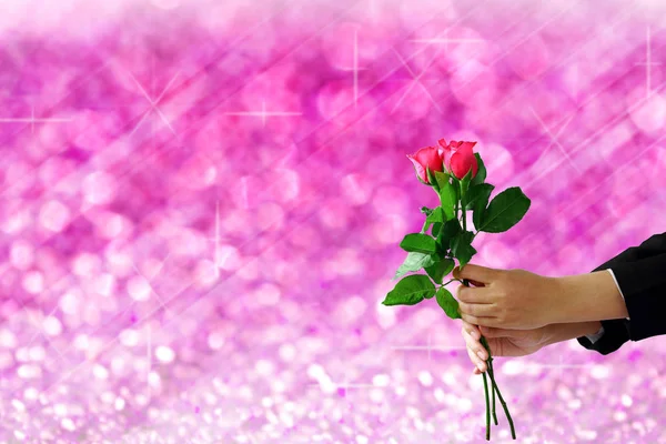 Manos sosteniendo rosa flor en rosa luces festivo borrosa bokeh ba — Foto de Stock