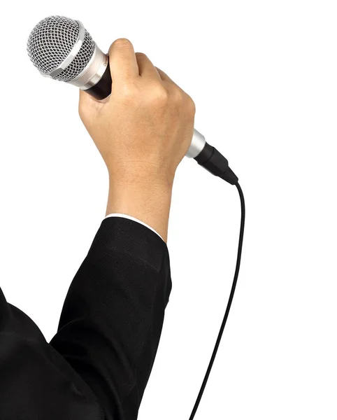 Hand holding microphone isolated with clipping path — Stock Photo, Image