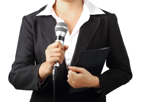 Woman holding microphone with document file isolated clipping pa — Stock Photo, Image
