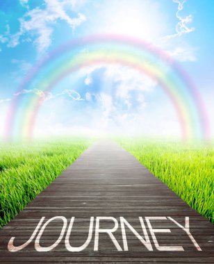 Yolculuk kelimelerle ahşap köprü ve manzara arka plan