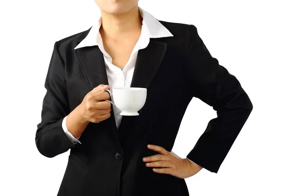 Businesswoman enjoying in a cup of coffee isolated with clipping — Stock Photo, Image